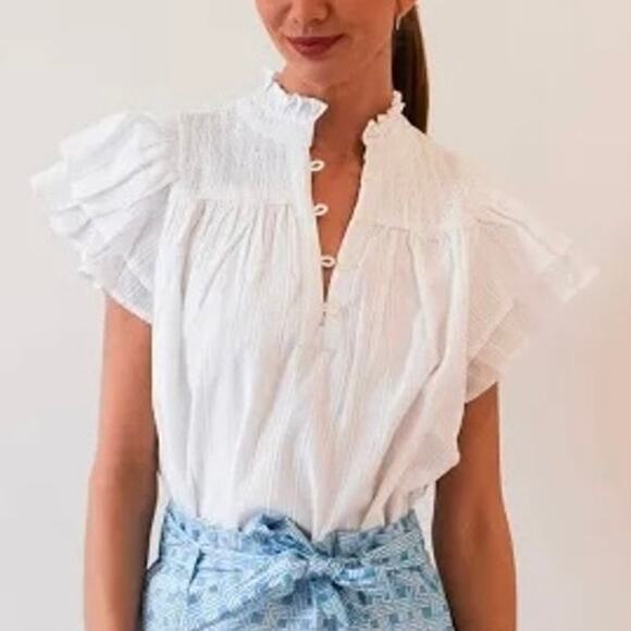 Never A Wallflower Smocked Top Style #FW23-227 White Pinstripe Small S NEW